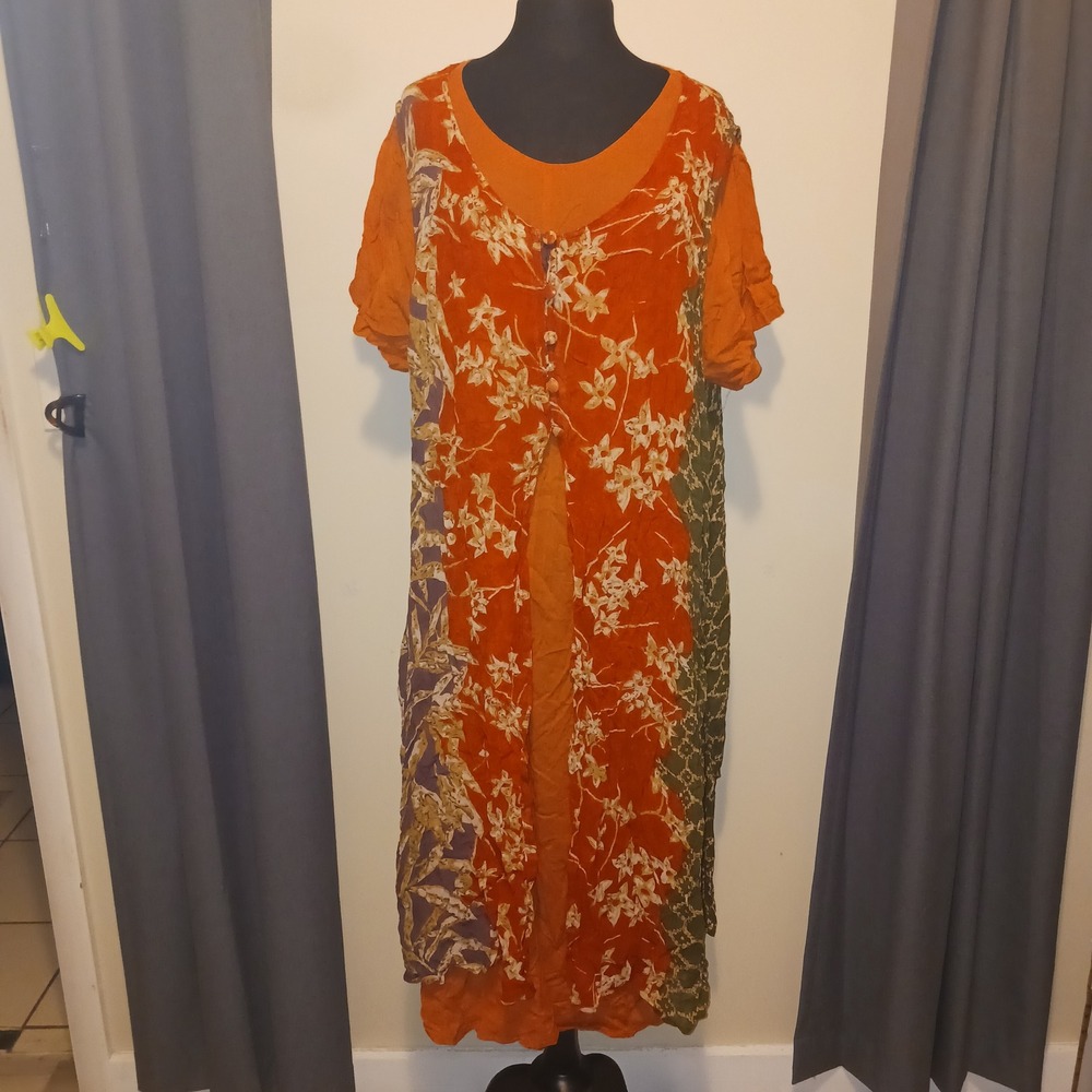 La Cera Boho Orange Floral Crinkle Rayon Layered Maxi Dress XL